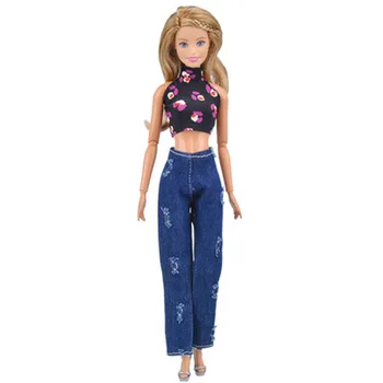 5Set Modes Tērpiem Barbie Lelle Īss Top & Džinsa Bikses Bikses ar rokām Darinātas drēbītes Barbie leļļu Namiņš 1/6 Leļļu Piederumi