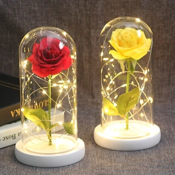 6 Krāsu Skaistums Un Zvērs, Sarkans Rožu Stikla Kupola Uz Koka Bāzes Valentīna Dāvanas LED Rose Ziemassvētku Lampas
