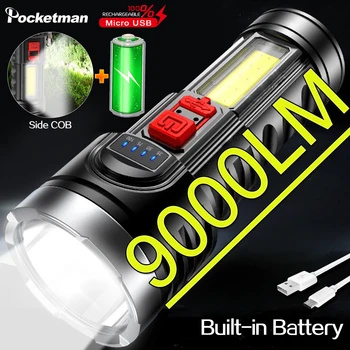 90000LM Super Jaudīgu USB Lādējamu Zibspuldze 4 Režīmi LED Lukturis ar iebūvētu 18650 Akumulatoru Taktiskais Lukturītis Lukturītis Nometne