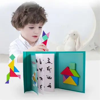 96 Puzles Magnētisko Tangram Bērnu Rotaļlietu Montessori Izglītības Burvju Grāmatu Uzvalks J2HD