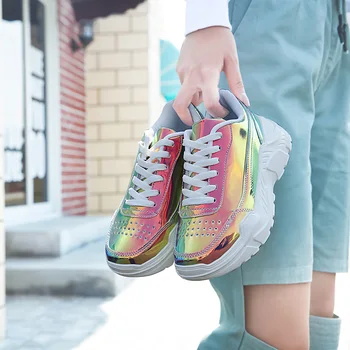 ADBOOV Krāsains Sieviešu Čības Moderns Lakādas Kurpes Sieviete Platforma Chunky Sneaker Dāmas Tētis Kurpes Soulier Femme