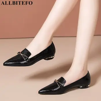 ALLBITEFO augstas kvalitātes īstas ādas bowtie zemiem papēžiem ērtas sieviešu kurpes bieza papēži biroja dāmas sieviešu kurpes augstpapēžu kurpes