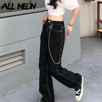ALLNeon Egirl Modes Cietā Ķēdes Melni Džinsi Vintage 90s Streetwear Zaudēt Augsto Vidukli, Taisniem Bikses Gadījuma Rudens Šiks Bikses