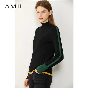 AMII Minimālisms Rudens Sieviešu Džemperis Modes Kontrastējošas Krāsas, Dizainu, augstu uzrullētu apkakli Sieviešu Džemperi Sieviešu Topi 12030375