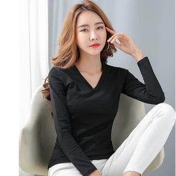 AOSSVIAO Korejas Balts T krekls, Sieviešu Apģērbu ar V-veida Kakla Rudens Ziemas garām Piedurknēm Kokvilnas 2020 T Topi Gadījuma Black Tee Kreklu Femme