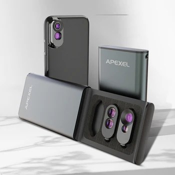 APEXEL Dual Lēcas iPhone X XS ar Melna PU Ādas Telefonu Gadījumos Platleņķa fish Eye (Zivs acs Len 2X Telefoto 10X Makro Lēcu Komplekts