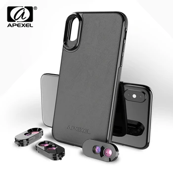 APEXEL Dual Lēcas iPhone X XS ar Melna PU Ādas Telefonu Gadījumos Platleņķa fish Eye (Zivs acs Len 2X Telefoto 10X Makro Lēcu Komplekts