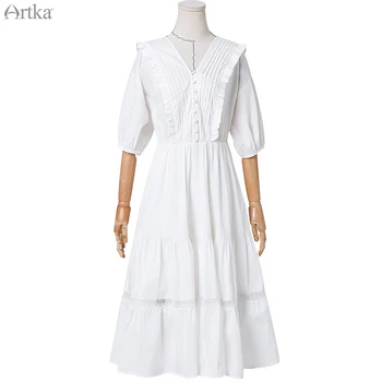 ARTKA 2020. gada Vasarā Jaunu Sieviešu Kleitu Elegants Ruffles V-veida Kakla Baltās Kleitas Tīras Kokvilnas Krekls, Kleita Īss Puff Piedurknēm Kleita LA21006X