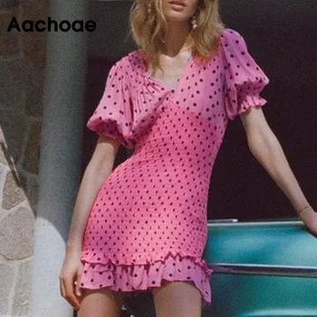 Aachoae Sieviešu Šiks Polka Dot Puse Mini Kleitas 2020 V Kakla Īsām Piedurknēm Rozā Kroku Kleita Savirmot Elastīgs Gadījuma Kleita Vestidos