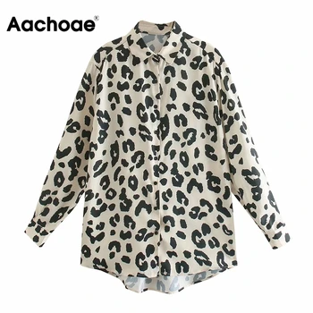 Aachoae Streetwear Leoparda Blūze, Krekls Ar Garām Piedurknēm Dāmas Tunika Topi, Savukārt, Apkakles Biroja Krekls Sieviešu Ropa Mujer De 2020