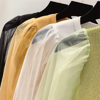 Acs Top garām piedurknēm Puff piedurknēm Top Adīti Sieviešu Blūze Slim fit korejas Modes Apģērbu Cietā Krāsa Melns Balts