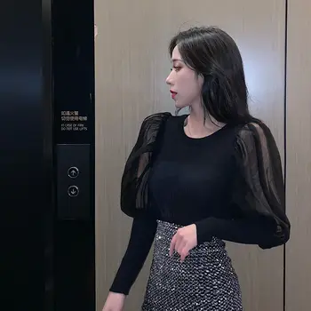 Acs Top garām piedurknēm Puff piedurknēm Top Adīti Sieviešu Blūze Slim fit korejas Modes Apģērbu Cietā Krāsa Melns Balts