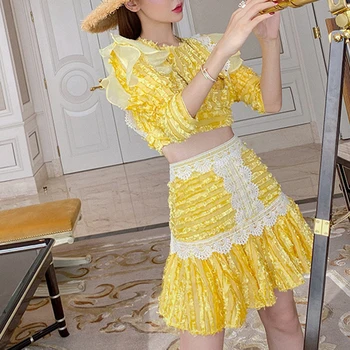 Ailigou Sexy Dzeltena Melna Divdaļīgs Kostīms Sieviešu Mežģīņu Mežģīnes Garām Piedurknēm Top Sieviete Ar Augstu Vidukli, Mini Svārki Modes Apģērbu Komplekts
