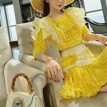 Ailigou Sexy Dzeltena Melna Divdaļīgs Kostīms Sieviešu Mežģīņu Mežģīnes Garām Piedurknēm Top Sieviete Ar Augstu Vidukli, Mini Svārki Modes Apģērbu Komplekts