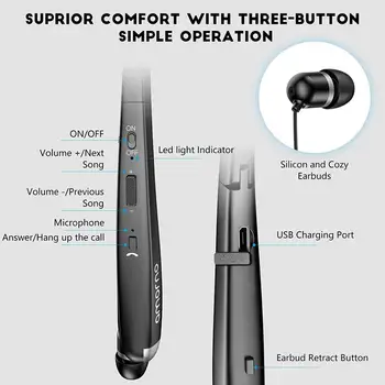 Amorno Salokāms Bluetooth Austiņas V5.0 Bagāžnieka Neckband Bezvadu Earbuds 16hrs Stereo Sweatproof in-ear Austiņas ar Mic