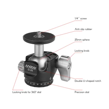 Andoer D-25 CNC Apstrādes Al Sakausējums Dubultā Iecirtums Ball Head Mini Klaigas par Statīvs Monopod Canon Nikon Sony DSLR Kamera ILDC