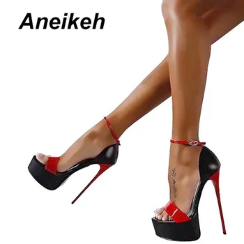 Aneikeh 2018 Modes Peep Toe augstpapēžu Sandales Sexy 16CM augstpapēžu kurpes Siksnu Sprādzes Naktsklubs Puse, Apavi, Liela Izmēra 40 Melns