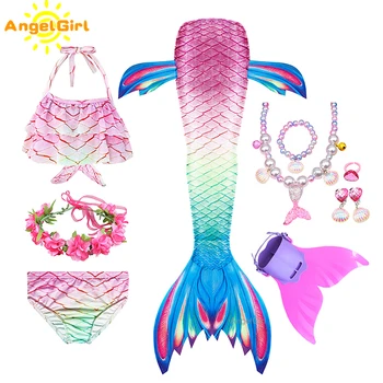 AngelGirl Modes Bērni Swimable Nāru Astes ar Flipper Meiteni Brīvdienas Sirēna Cosplay Princess Dream Puse Bikini Kleita