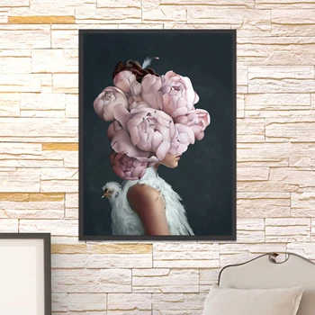 Anotācija Sienas Art Print rozā ziediem, putnu un meitene vadītājs Plakātus, Kanvas Glezna Attēlus Mājās Apdare Skandināvijas Neizstieptu