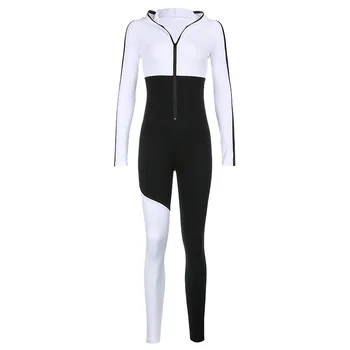 Ar Garām Piedurknēm Raibs Melna Balta Rāvējslēdzēji Jumpsuit 2020 Rudens Ziemas Stretchy Streetwear Tērpiem Ķermeņa