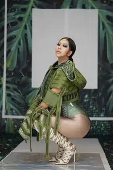 Armijas Zaļā 3D Iespiesti Bodysuit Dobi Ārā Jaka Bārs, Naktsklubs Sieviešu kārtas Dziedātāja Skatuves Kostīmu Festivāls Puse Džeza Dānis Komandas Apģērbs