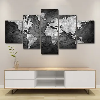 ArtSailing 5 Gabals auduma melnā un baltā pasaulē kartes krāsošana HD attēlus, wall art Home Decoration Dzīvojamā Istaba plakāts