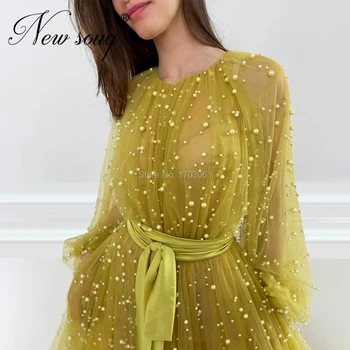 Arābu Couture Pērles Dzeltena Vakara Kleitas 2020. Gadam Vestido De Festa Pasūtījuma Garu Šķēlumu Sānos Balles Kleitas Kaftans Islāma Puse Kleita