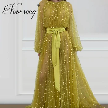 Arābu Couture Pērles Dzeltena Vakara Kleitas 2020. Gadam Vestido De Festa Pasūtījuma Garu Šķēlumu Sānos Balles Kleitas Kaftans Islāma Puse Kleita