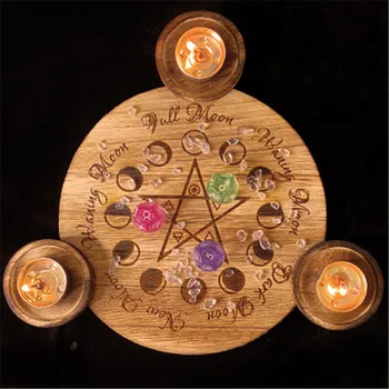 Astroloģija Pentagramma koka Svečturis galda Pentacle altāra plāksnes Triquetra koka Zīlēšana Wicca ceremoniju Piederumi