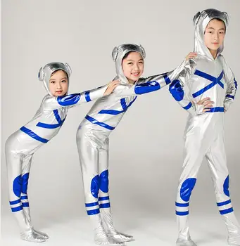 Astronauts Kostīms Bērniem Svešzemju Cosplay Sudraba Posmā Jumpsuit Zēni Kombinezonus Meitenēm, Mūsdienu Deju un Tērpu Grupas Halloween Apģērbs