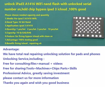 Atslēgt iPad3 A1416 WiFi nand flash ar atslēgts, sērijas numurs sn,hdd čipu apiet ipad 3 icloud , labs