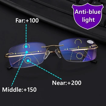 Augstas Kvalitātes Bez Apmales Progresējoša Multifokāla Lasīšanas Brilles Vīriešiem Anti Zilā Gaisma Presbyopic Brilles Sievietēm Ultra Vieglo Metālu Gafas