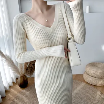 Augstas Kvalitātes Gadījuma V-veida kakla Sieviešu Vilnas Džemperis Kleita korejas Elegants Slim Sieviešu Aline Garš Trikotāžas Kleita Vestidos Ir 2021. Jaunā Pavasara