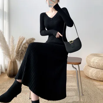 Augstas Kvalitātes Gadījuma V-veida kakla Sieviešu Vilnas Džemperis Kleita korejas Elegants Slim Sieviešu Aline Garš Trikotāžas Kleita Vestidos Ir 2021. Jaunā Pavasara