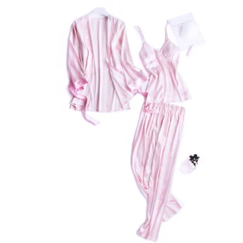 Augstas kvalitātes Satīna Pidžamas Komplekti Sievietēm ar garām Piedurknēm Svītrainām Sleepwear Cami Top+Bikses+Drēbes 3PCS Elegants Naktsveļu Sexy Homewear