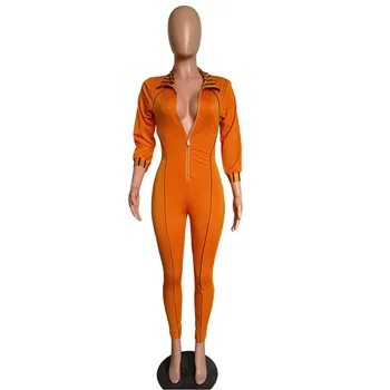 Augstums Kvalitāti Jumpsuit Sieviešu Kritums Apģērbu tīrtoņa krāsu Stiept Zip Up Bodysuit Kopumā One Pice Romper Vairumtirdzniecības Dropshipping