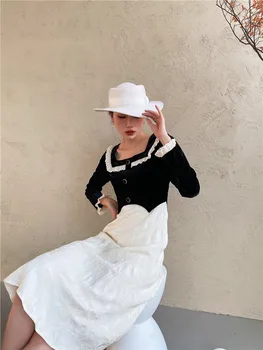 [Aurance] Sieviešu Mežģīņu Raibs Laukumā Apkakli, Garām Piedurknēm Vintage Kleitas, Sieviešu Melna Balta Krāsu Saskaņošanas Plus Lieluma Kleitas Ir 2021.