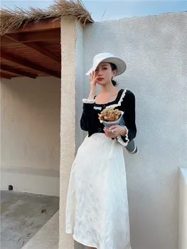 [Aurance] Sieviešu Mežģīņu Raibs Laukumā Apkakli, Garām Piedurknēm Vintage Kleitas, Sieviešu Melna Balta Krāsu Saskaņošanas Plus Lieluma Kleitas Ir 2021.