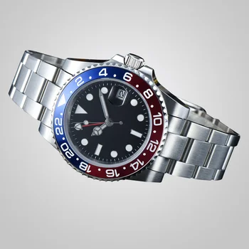 Automātiska rokas pulkstenis 40 mm GMT zilā un sarkanā krāsā bezel sterilā skalu safīra stikls skatīties nerūsējošā tērauda aproce kustība