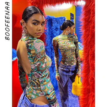 BOOFEENAA Modes Iespiesti Sieviešu Bodysuit Bodycon Izspēles Kakla garām Piedurknēm Backless Sexy Bodysuits Sieviešu Apģērbu 2020. Gadam C70-AZ08