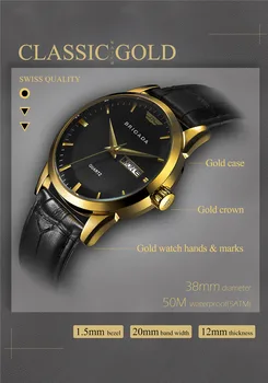 BRIGADA Šveices Zīmola Pulksteņi Vīriešiem, klasiskais melns (Classic Black Gold Business Casual Ūdensizturīgs Vīriešu Kvarca pulkstenis