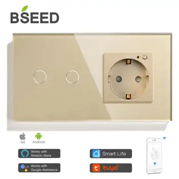 BSEED Smart Wifi Touch Switch 2 Banda 1 Ceļu Ar ES Kontaktligzda 3 Krāsas Kristāla Stikla Panelis Strādā Ar Gudru Dzīves Tuya App