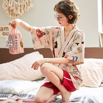 BZEL Kimono Stila Sleepwear Sexy Pijamas Sieviešu Mīksts, Ērts Īsām Piedurknēm Šorti Karikatūra Modelis ar V-veida Kakla Naktsveļu Zaudēt M-XXL