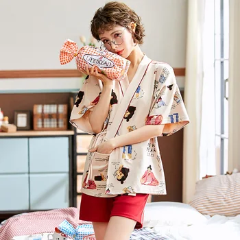 BZEL Kimono Stila Sleepwear Sexy Pijamas Sieviešu Mīksts, Ērts Īsām Piedurknēm Šorti Karikatūra Modelis ar V-veida Kakla Naktsveļu Zaudēt M-XXL