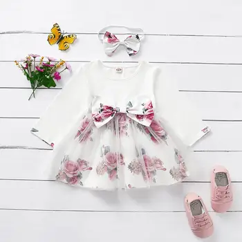 Baby Girl Apģērbu Bezmaksas Piegāde Ziedu Tilla Kleita Diezgan Galvas Priekšgala Dekoru Ar Garām Piedurknēm Kleita Puse, Dzimšanas Dienas Un Kāzu Apģērbs,