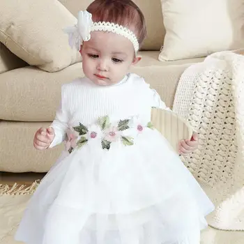 Baby Girl Apģērbu Bezmaksas Piegāde Ziedu Tilla Kleita Diezgan Galvas Priekšgala Dekoru Ar Garām Piedurknēm Kleita Puse, Dzimšanas Dienas Un Kāzu Apģērbs,