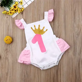 Baby Meitenes Bodysuit Jaundzimušo Vasaras Zīdaiņu Drēbes Jumpsuit Bērnu Bodysuit Toddler Ruffles Apģērbs Bērniem Vienu Gadu Dzimšanas Dienu Apģērbs