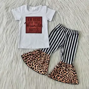Baby Meitenes Svītru bell grunts bikses, Leoparda īsām piedurknēm Burtiem drukāt modes bērni boutique toddler gatava kuģa apģērbu komplekti