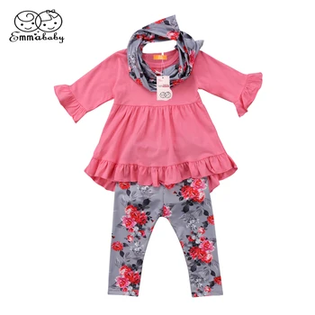 Baby Meitenes Toddler Bērniem Mežģīnes Pusi Piedurknēm Cieto T-krekls Topi Ziedu Bikses, Šalle 3Pcs Apģērbs Apģērbs