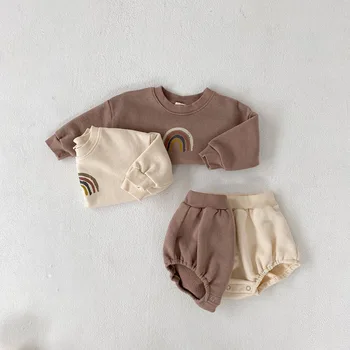 Baby Romper 2020. Gada Rudenī New Baby Zēni Meitenes Gudrs Apaļu Kakla garām Piedurknēm Džemperis Rainbow Drukāt Džemperis + Īsās Bikses 2gab Uzvalks